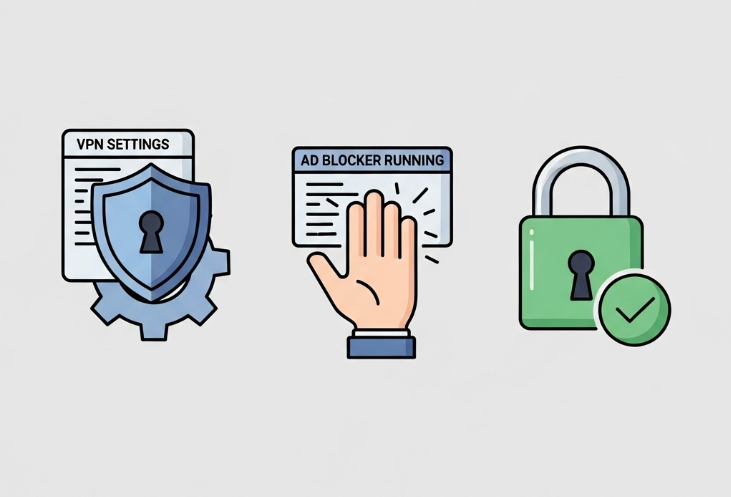 VPN 설정 화면, 광고 차단 프로그램 실행 화면, 그리고 안전 접속 단계를 순서대로 보여주는 이미지