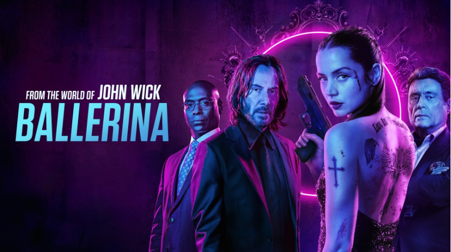 중앙에 키아누 리브스가 존 윅으로, 오른쪽에 아나 데 아르마스가 주인공인 루니로 서 있고, 다른 배우들도 함께 포즈를 취하고 있습니다. 전반적으로 보라색과 푸른색 조명이 강렬한 분위기를 자아내며, 인물들의 표정에서 영화의 진지하고 액션 가득한 분위기를 엿볼 수 있습니다.