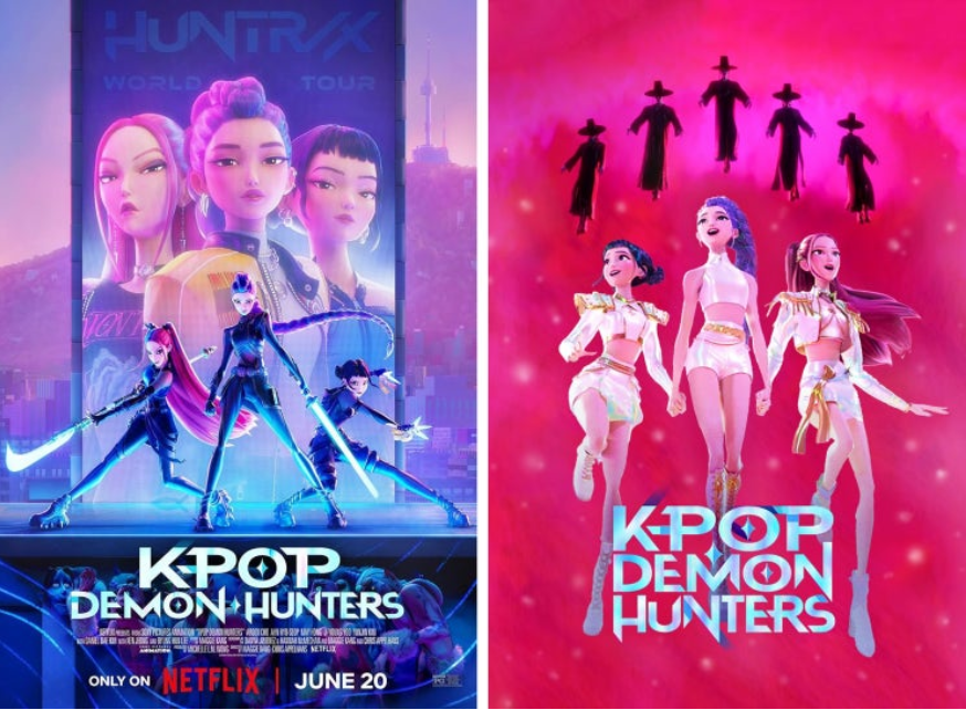 사진은 영화 'K-POP 데몬 헌터스'의 포스터 두 장을 보여줍니다. 왼쪽 포스터는 도시 야경을 배경으로 악마와 싸우는 주인공들을, 오른쪽 포스터는 분홍색 배경에 악마 무리에게 둘러싸인 주인공들을 담고 있습니다. 두 포스터 모두 애니메이션 스타일입니다.