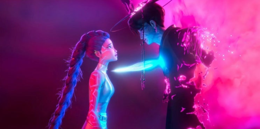 분홍색과 파란색 빛이 감도는 배경 속에서 두 명의 애니메이션 캐릭터가 마주 보고 있습니다. 왼쪽에 있는 여성 캐릭터는 긴 머리를 땋았고 빛나는 옷을 입고 있습니다. 오른쪽에 있는 남성 캐릭터는 갓을 쓰고 손에서 빛을 내며 여성 캐릭터에게 다가가고 있습니다.