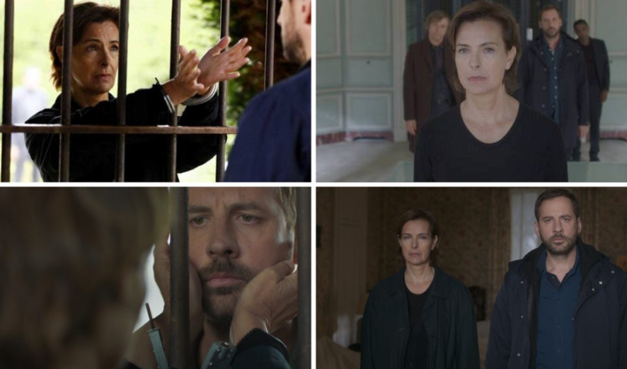 총 4개의 장면 스틸컷을 모은 이미지입니다. 상단 왼쪽에는 수갑을 찬 여성 캐릭터가 감옥(혹은 쇠창살) 앞에서 누군가와 대화하는 모습이, 나머지 장면들에는 이 여성과 그녀의 아들인 형사가 함께 있거나 긴장된 표정을 짓는 모습들이 담겨 있어 드라마의 어둡고 심각한 분위기를 보여줍니다.