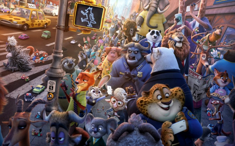 애니메이션 **'주토피아 2(Zootopia 2)'**의 활기찬 도시 풍경을 담은 공식 포스터의 일부입니다.