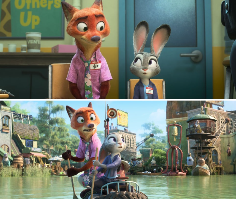 애니메이션 '주토피아' 시리즈의 주인공인 닉과 주디가 새로운 환경에서 모험을 펼치는 두 가지 장면을 보여줍니다.