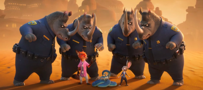 애니메이션 **'주토피아 2(Zootopia 2)'**의 한 장면으로, 광활한 사막 구역에서 벌어진 일촉즉발의 상황을 담고 있습니다.