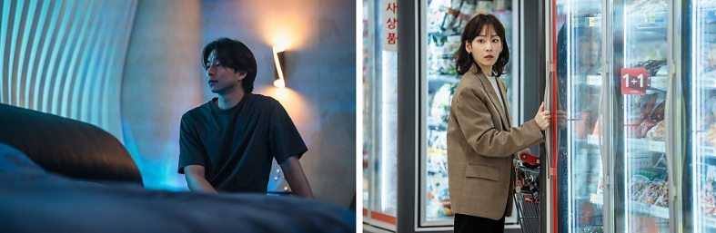 넷플릭스 시리즈 **'트렁크'**의 두 주인공이 각자의 공간에서 느끼는 고립감과 일상 속의 긴장감을 보여줍니다.