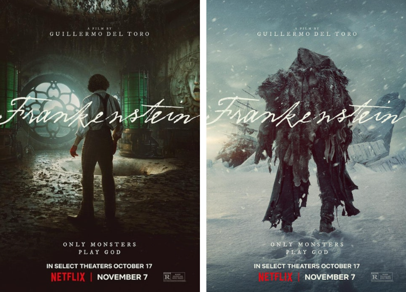 넷플릭스 영화 **'프랑켄슈타인'**의 분위기를 극명하게 보여주는 두 종류의 포스터입니다.