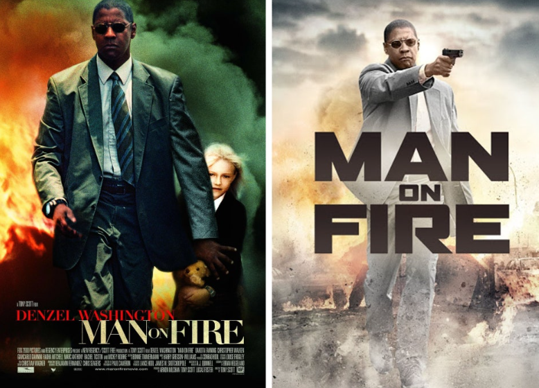영화 **'맨 온 파이어'**의 긴박한 액션과 복수극의 정서를 담은 두 종류의 포스터입니다.