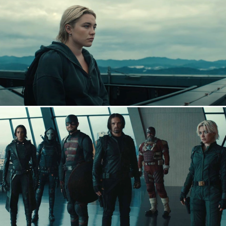 마블 스튜디오의 영화 '썬더볼츠'* 속 캐릭터들의 고뇌와 팀의 결속을 보여주는 장면입니다.