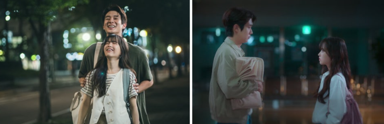 넷플릭스 시리즈 '멜로무비' 속 두 주인공의 유쾌하고 따뜻한 일상을 보여주는 장면들입니다.