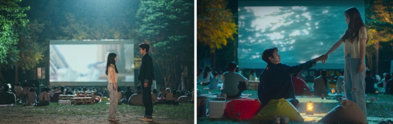 넷플릭스 시리즈 '멜로무비' 속 두 주인공의 낭만적인 밤 데이트 장면을 담고 있습니다.