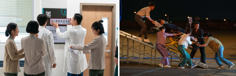 넷플릭스 시리즈 **'중증외상센터'**의 주요 장면들을 담은 두 개의 스틸컷입니다.