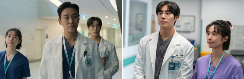 넷플릭스 시리즈 **'중증외상센터'**의 주요 인물들이 병원 복도에 서 있는 두 장의 스틸컷입니다.